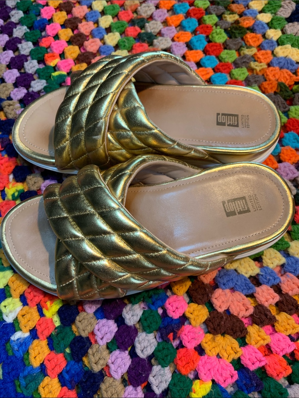 Limited Edition Fitflop Loosh Luxe Metallic Gold Quilted Slide Mules